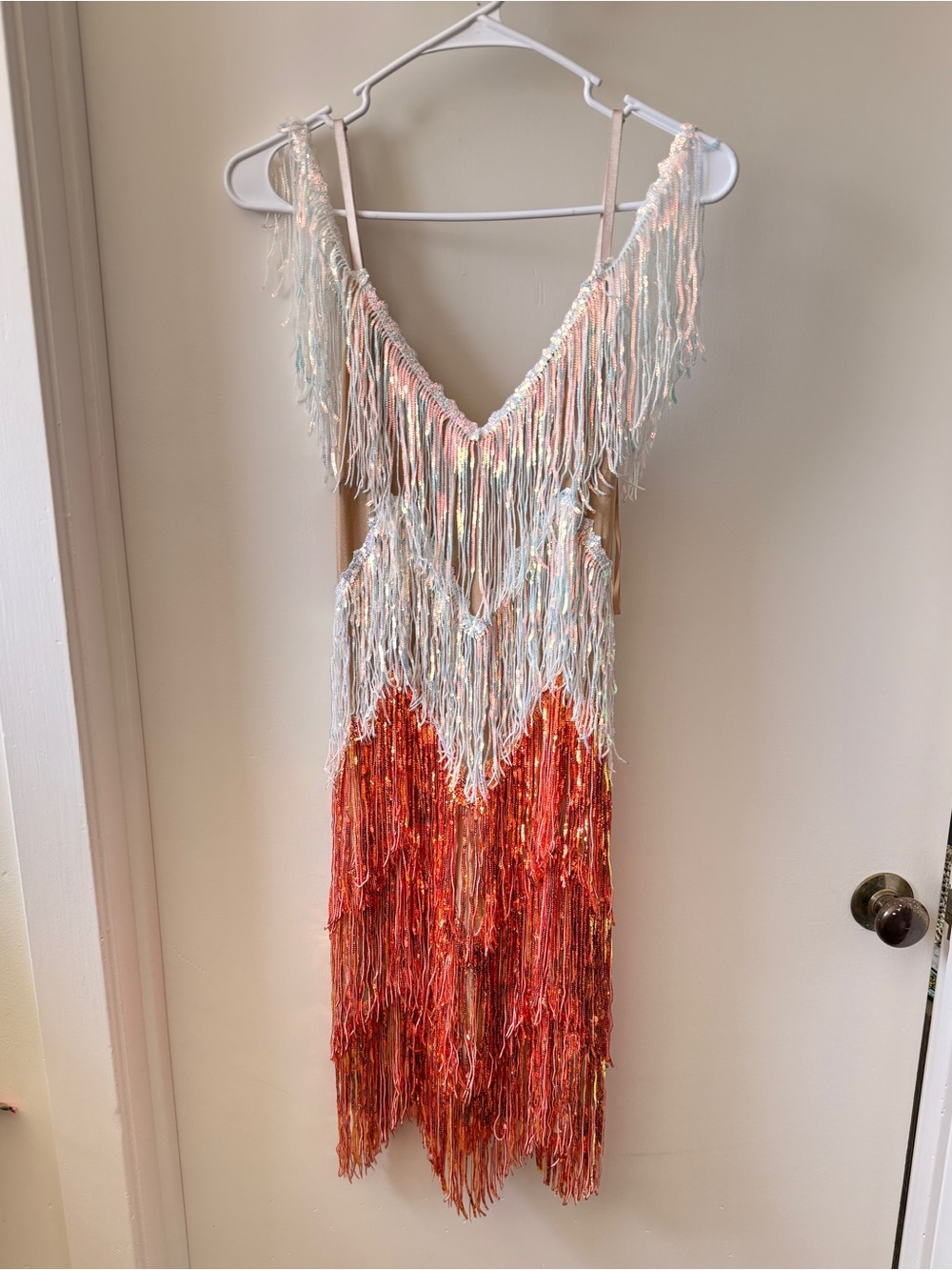Banjul Flapper Sequin Fringe Mini-Dress White/Gold/Copper/Iridescent S Like New